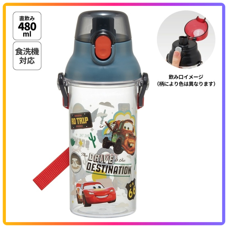 日本製｜反斗車王 x Skater 一鍵式直飲透明水樽連掛帶｜480ml 